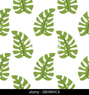 Seamless pattern with monstera leaf in cartoon flat style, arranged in polka dot order on light background. Trendy tropical design perfect for fabric, Stock Vector