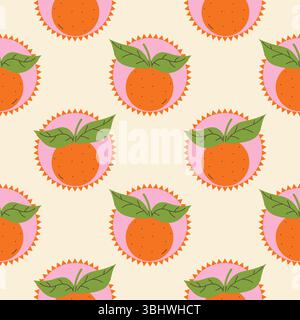 Seamless pattern with orange fruit and green leaf stickers in cartoon flat style, arranged in polka dot order on light background. Bright, fresh desig Stock Vector