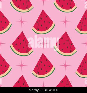 Pink seamless pattern with watermelon slice and star in cartoon flat style, arranged in polka dot order on light pink background. Fresh, fun design id Stock Vector
