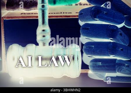 AI Ethics and Responsible Artificial Intelligence Governance Concept. Gavel for AI ethics, regulations, law, fairness, transparency, data protection, Stock Photo