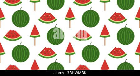 Seamless Pattern with Whole Watermelons, Slices and Popsicles on a Transparent Background. Fresh and Colorful Watermelon Seamless Design. Vector Stock Vector