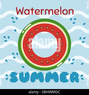 Watermelon Inflatable Ring in Pool with Splashes and Hello Summer Text. Funny Summer Social Media Banner with Watermelon. Vector illustration. Stock Vector