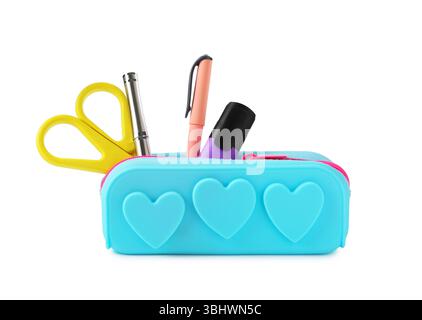 Different stationery in pencil case isolated on white Stock Photo