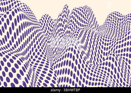 Abstract wavy landscape with bold purple polka dot pattern on a beige background, creating an optical illusion effect with depth and motion. Modern di Stock Vector