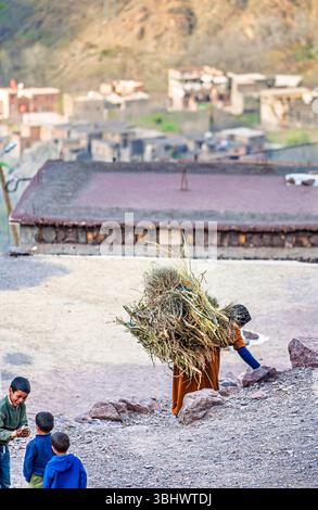 A local woman carries a large bundle of sticks on her back in a village in the Toubkal National Park, High Atlas Mountains, Morocco, north Africa Stock Photo