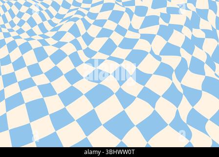 Abstract optical illusion with a blue and cream checkered pattern. Wavy geometric design creating a surreal and hypnotic effect, featuring a distorted Stock Vector