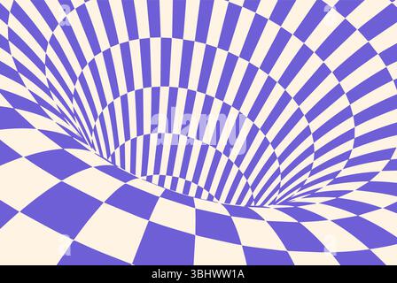 Abstract optical illusion with warped checkerboard pattern in purple and beige. Stock Vector