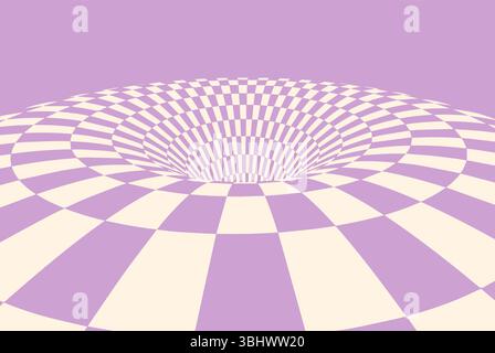 Abstract optical illusion with warped checkerboard pattern in purple and beige. Stock Vector