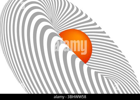 Abstract optical illusion with wavy gray lines and vibrant orange sun on a white background. Stock Vector