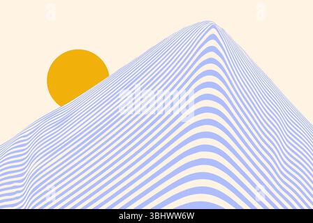 Minimalist abstract landscape with wavy striped mountain and golden sun on a pastel background. Stock Vector