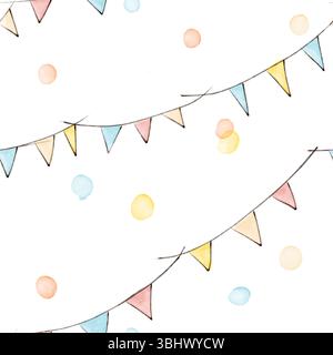 Hand drawn, seamless pattern with garlands and confetti. Stock Photo