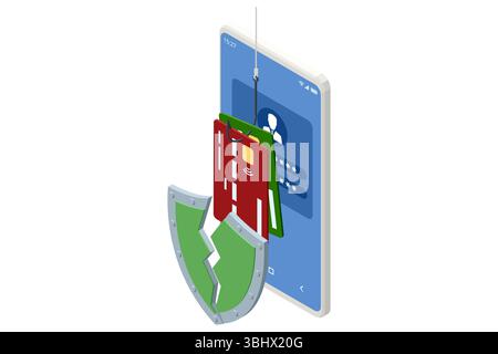Isometric design showing a smartphone with a dangling fishhook pulling a login form off the screen, emphasizing credential-stealing phishing scams on Stock Vector