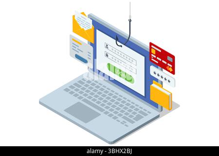 Isometric illustration of a laptop flashin, a red-flagged email, an unknown-call smartphone and credit card visualizing phishing threats and hacker Stock Vector