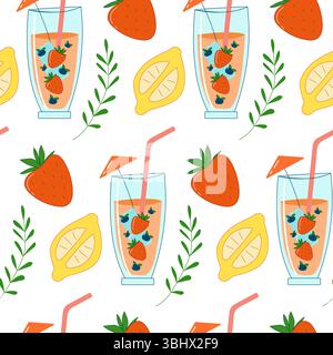 Seamless pattern with summer drink. Coctail with strawberry. Juicy fresh drink in glass. Stock Vector
