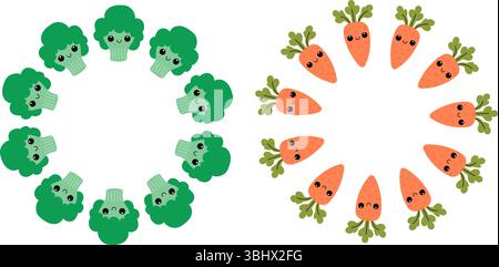 Set of round frame with broccoli and carrot. Vegetables with cute faces. Stock Vector