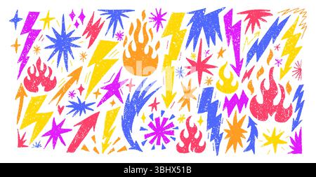 Crayon hand drawn elements depict lightning, fire, and stars in a lively artwork. Perfect for graphic design and creative projects. Vector illustratio Stock Vector