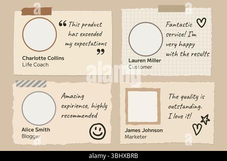 Cartoon review template set with hand drawn paper notes, testimonial frames, and decorative elements. Bright flat style for feedback. Stock vector ill Stock Vector