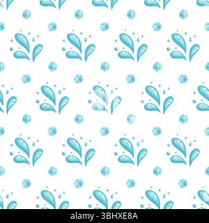 Seamless summer pattern with blue water splashes and ice cubes. Cartoon vector background. Stock Vector