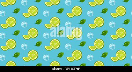 Seamless summer pattern with lime slices, mint leaves and ice cubes. Cartoon vector background.  Stock Vector