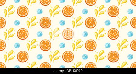 Seamless pattern with juicy orange slices, yellow splash elements and ice cubes. Cartoon vector background Stock Vector