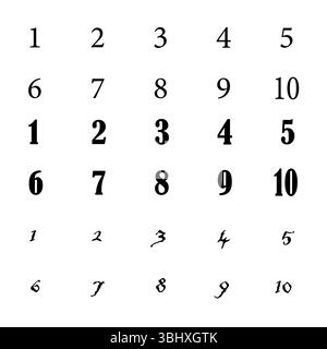 Numbers icon. Stylized digit collection. Vector numeric display. Ten font variations. Stock Vector