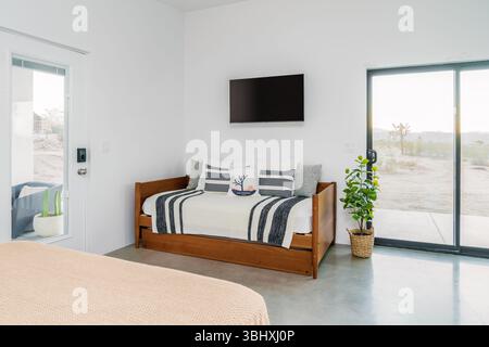Modern desert living room interior with sofa daybed plant, flat screen television, and concrete floors Stock Photo