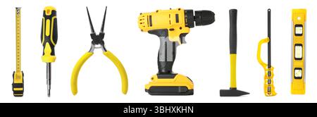 Different construction tools on white background, collage Stock Photo