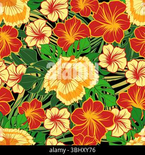 Tropical flowers and leaves botanical seamless pattern vector illustration Stock Vector