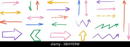 Colorful hand drawn crayon arrow collection. Straight zig zag and dash doodle arrows set. Charcoal sketch pointers and direction lines. Vector pastel pencil, chalk or marker brush stroke elements Stock Vector