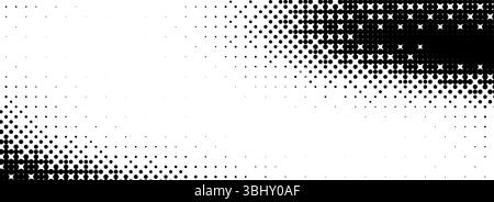 Pixelated bitmap texture background. Black dithered pattern wallpaper. Abstract glitch gradient pattern. Wide rasterized halftone screen overlay. 8 bit video game backdrop. Vector Stock Vector