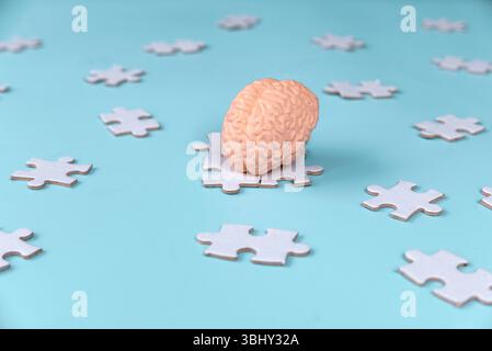 Human Brain Model on Scattered Jigsaw Puzzle Pieces Stock Photo