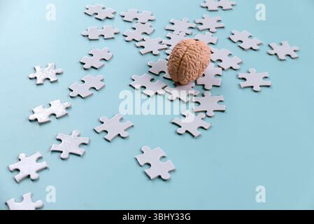 Human Brain Model on Scattered Jigsaw Puzzle Pieces Stock Photo