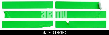 A set of fluorescent neon green rectangular paper sticker label isolated on white background. Stock Photo