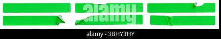 A set of fluorescent neon green rectangular paper sticker label isolated on white background. Stock Photo