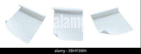 Three Sheets of Grid Paper with Curled Edges on White Background Stock Photo