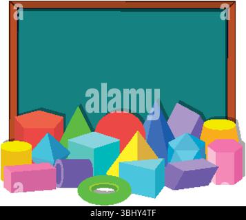 Vibrant vector illustration of various geometric shapes in front of a chalkboard. Bright colors and clean lines enhance educational appeal Stock Vector