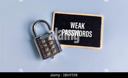 A padlock beside a sign written with Weak Password. Stock Photo