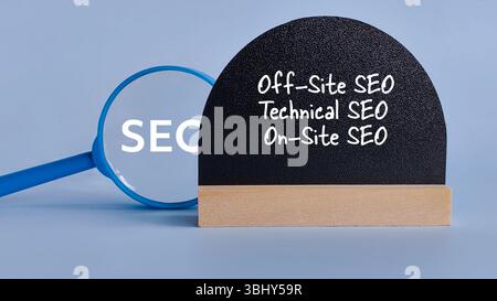 Blue Magnifying Glass with Table Sign Displaying 'Off-site SEO', 'Technical SEO', and 'On-site SEO' Representing Comprehensive Search Engine Optimizat Stock Photo