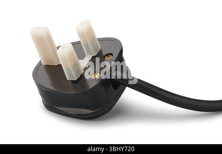 close-up of black three pin AC power plug with covered with clear frosted plastic protector isolated white background, british standard or type G plug Stock Photo