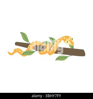 Vibrant tropical snake on branch with leaves for nature-themed designs. Stock Vector