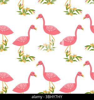Tropical flamingo pattern with bird of paradise elements for textile design. Stock Vector