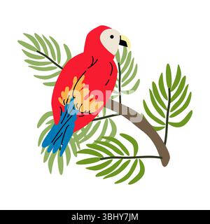 Tropical parrot perched on branch with lush green leaves. Stock Vector