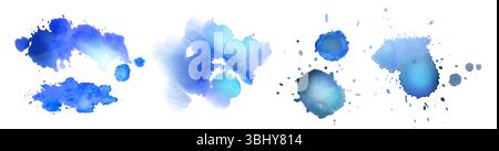 Blue watercolor stains and splatters set - vivid azure paint blobs, indigo liquid splashes, bright spots, turquoise aquarelle blots. Abstract wet brush strokes for artistic background or banner design Stock Vector