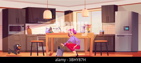 Cartoon kitchen scene with woman, dachshund walking and pot on floor - female character reacts while black dog moves near dropped cookware. Modern interior with furniture and equipment for cooking. Stock Vector