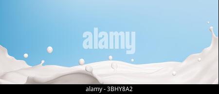 Creamy milk wave splashing on blue background - white liquid flowing with round droplets floating above smooth dairy surface. Fresh beverage motion for advertising, packaging design or food industry Stock Vector