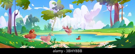 Lake with duck family in forest - birds swimming, jumping into blue water. Daisy flowers on green grass banks, tall trees frame peaceful pond, white clouds drift above sunny cartoon nature scene. Stock Vector