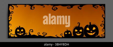 Halloween banner frame for social media header - orange gradient background with spooky jack o lanterns and curly decorative border. Black silhouette pumpkins glowing for October party invitation. Stock Vector