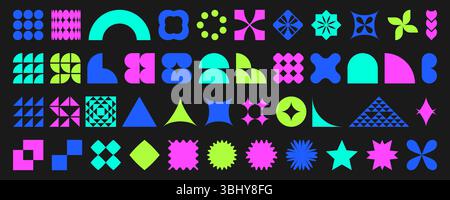 Brutalist geometric shape set - bold abstract forms and patterns in vibrant neon colors on black bg. Modern minimalist design elements for posters or web interfaces. Contemporary digital art assets Stock Vector