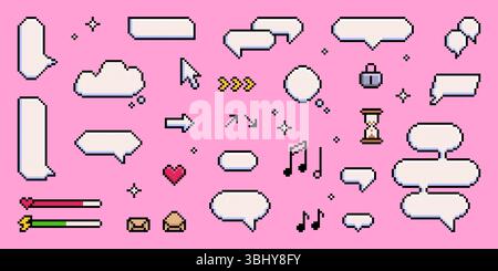Pixel art speech bubble collection on pink background - retro game dialog boxes, chat balloons, message clouds with arrows, hearts, music notes, hourglass icons. 8 bit style communication elements. Stock Vector