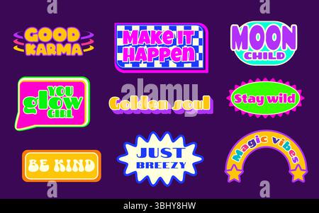 Retro y2k sticker set with uplifting quotes and playful shape elements. Bold typography, neon backgrounds. Speech bubbles and rainbow arcs, starburst frames. Nostalgic 90s aesthetic patches. Stock Vector